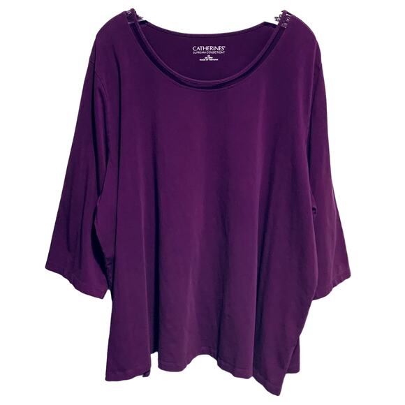 CATHERINES Top 3X 3/4 Sleeves Plum Mesh Accent Suprema Collection 26/28W - Picture 1 of 7